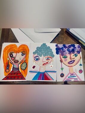 Mixed Media Trio: Colorful Abstract Mailable Face Art Print Originals by JRJ